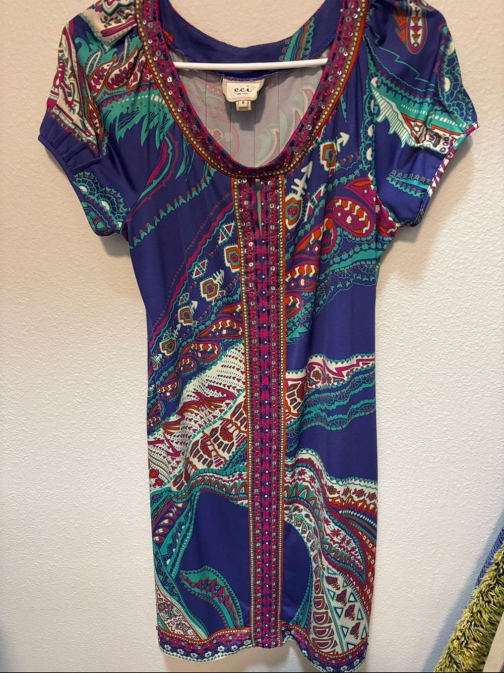 Beaded Scoop Neck Paisley Print Dress - Purple Teal - ECI size 6